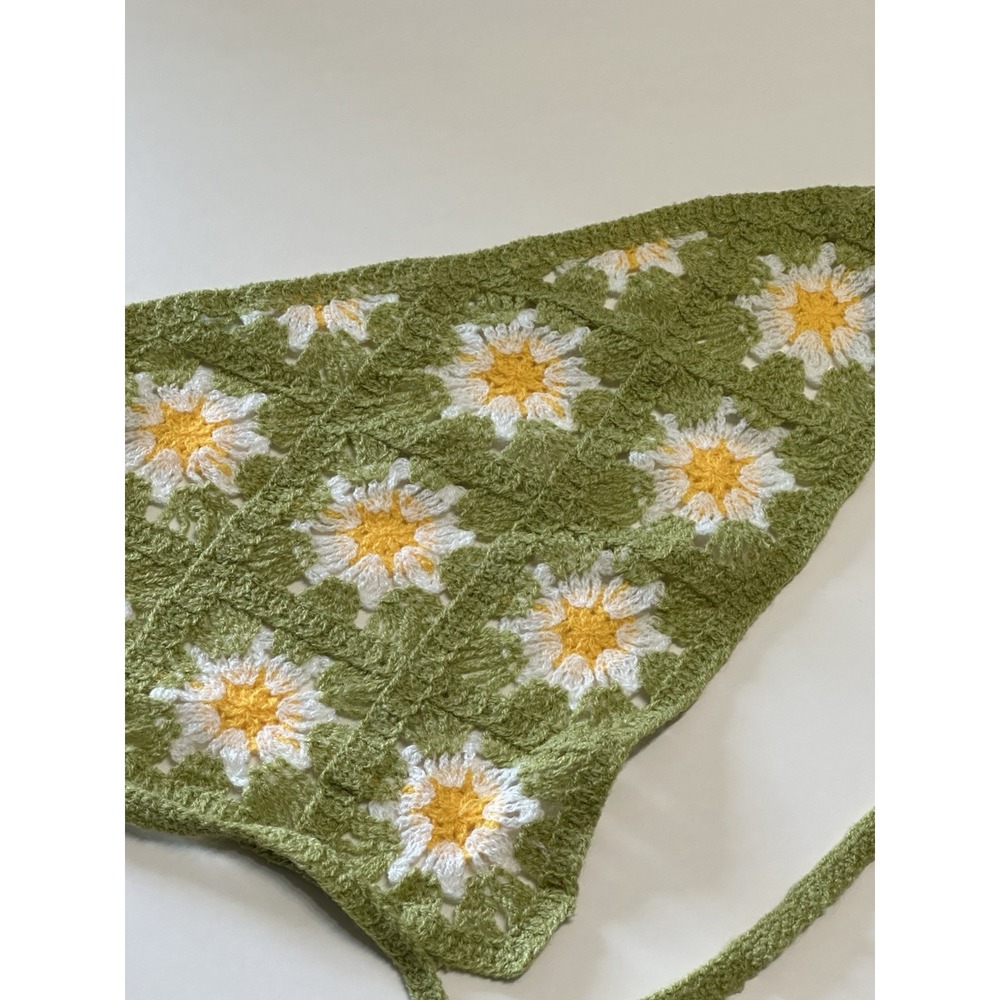 Crochet Daisy Hair Bandana Green Floral Headscarf Kerchief Cottagecore Boho Tie